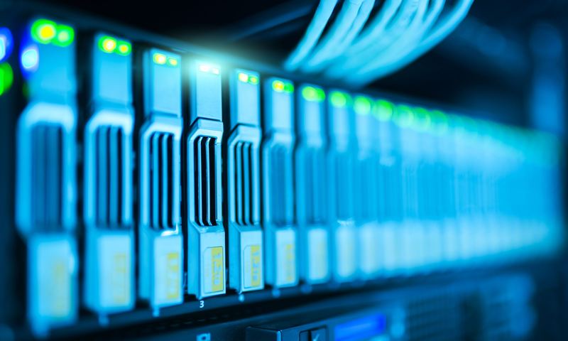 Close-up of server drive bays with status lights